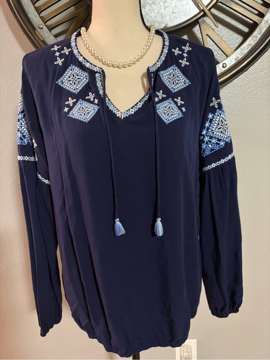 Southern Tide Tops - Southern Tide Embroidered Navy Peasant Blouse with Tassel Ties